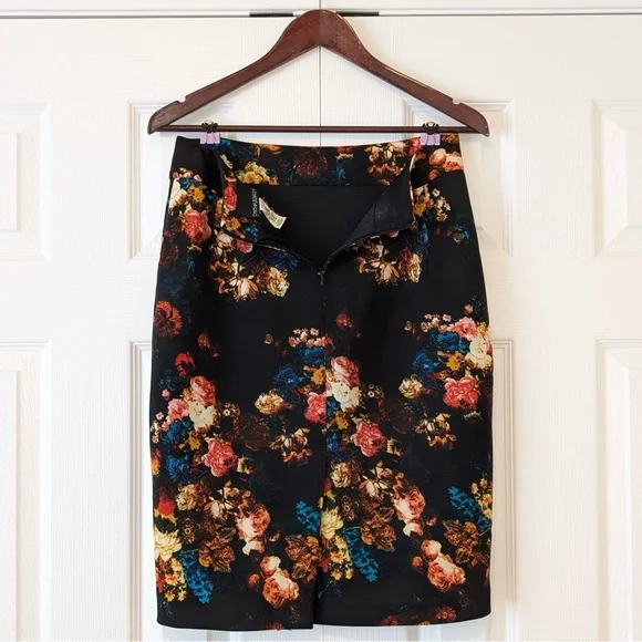 Size 10 Lined Floral Cynthia Rowley Black Pencil Skirt Maximalist Whimsical - Picture 3 of 12